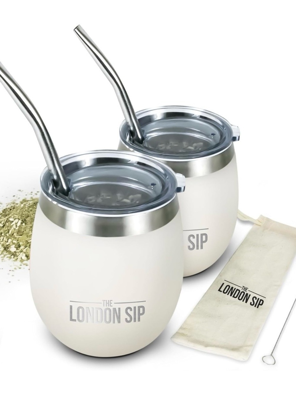 NEW The London Sip Insulated Yerba Mate Cup & Bombilla straw set - pearl white